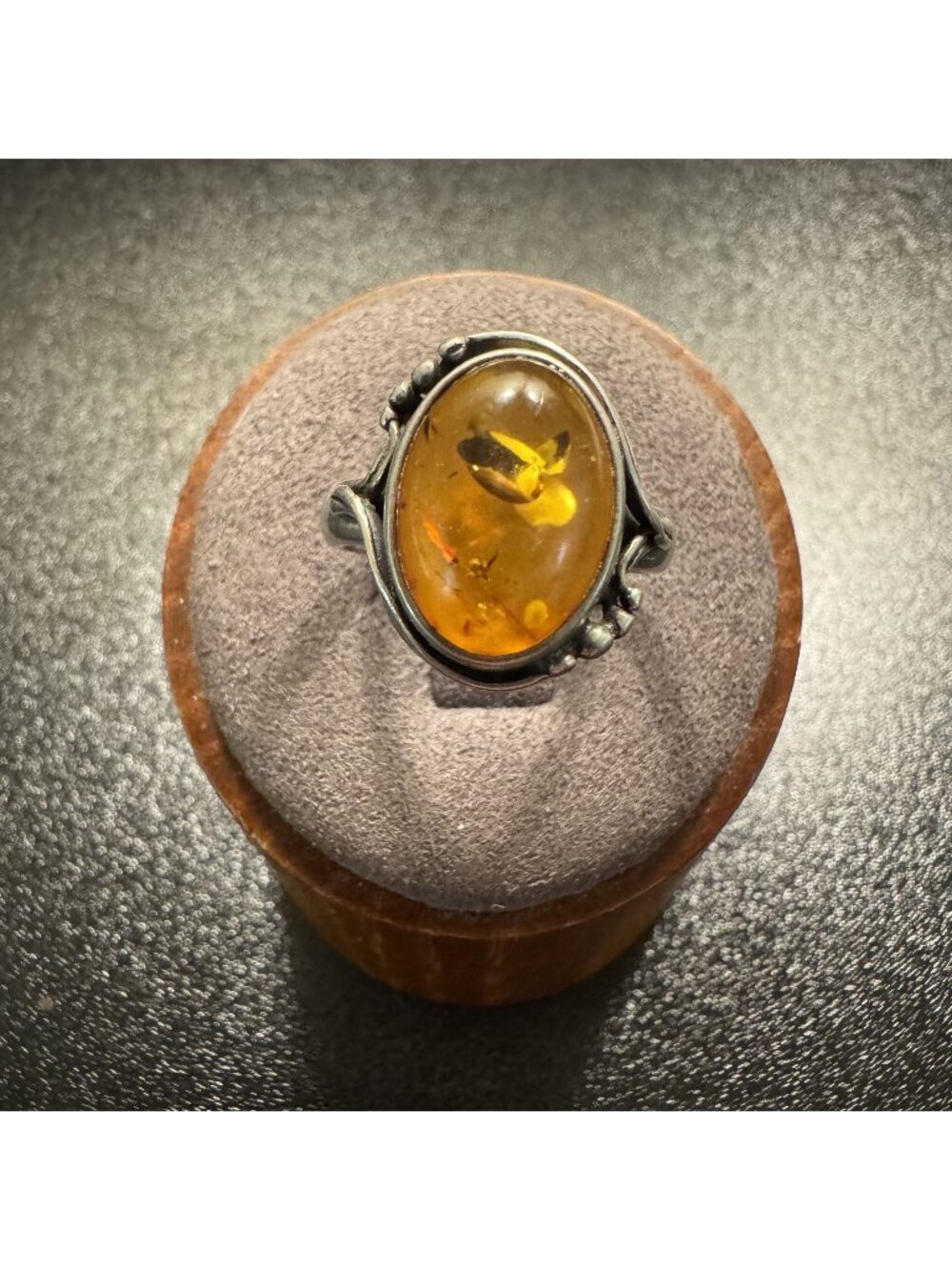 Sterling Silver 925 Amber Bezel Set Beaded Border Statement Ring Size 6.75